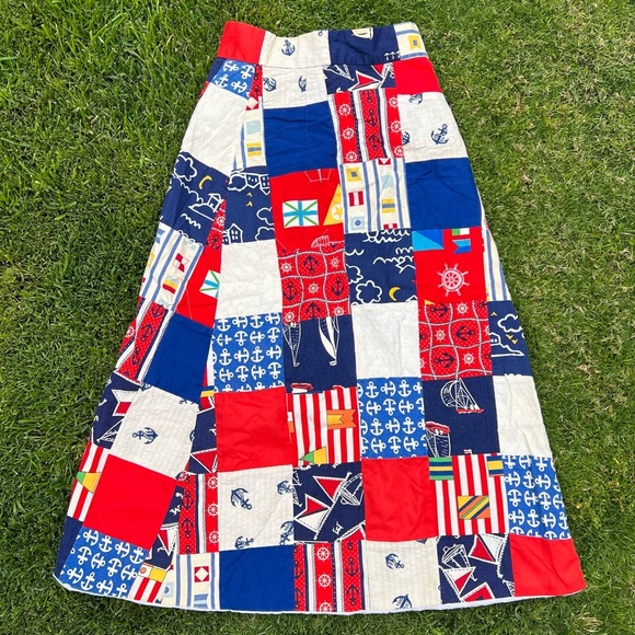Vintage 50s 60s Patchwork Nautical High Waist Maxi Skirt Patriotic Sailing Med - Picture 3 of 15